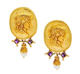 A Pair of 18 Karat Yellow Gold, Amethyst and Cultured Pearl 'Athena' Earclips, SeidenGang, 12.90 dwts.