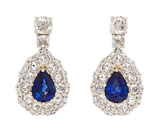 A Pair of 18 Karat White Gold, Sapphire and Diamond Earrings, 9.00 dwts.