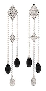 A Pair of 18 Karat White Gold, Diamond and Onyx Drop Earrings, 7.40 dwts.