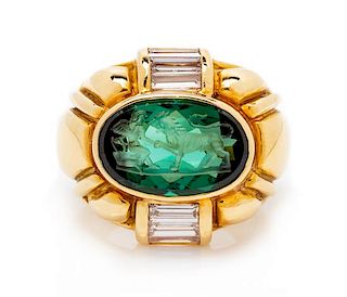 An 18 Karat Yellow Gold, Green Tourmaline Intaglio and Diamond Ring, Susan Berman, 11.90 dwts.