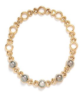 An 18 Karat Yellow Gold, Cultured Tahitian Pearl and Diamond Necklace, Italian, 94.20 dwts.