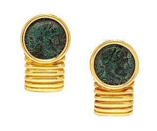 A Pair of 18 Karat Yellow Gold and Ancient Coin Earclips, 15.70 dwts.