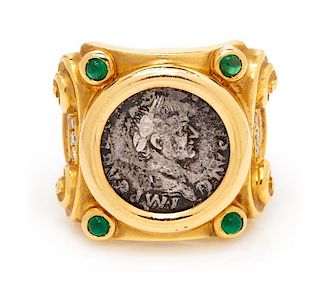 An 18 Karat Yellow Gold, Diamond, Emerald and Ancient Coin Ring, Nino Verica, 13.60 dwts.