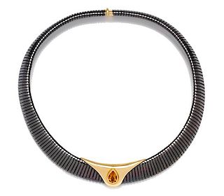 An 18 Karat Yellow Gold, Anodized Steel and Citrine Tubogas Collar Necklace, Dino Ceva, 50.10 dwts.