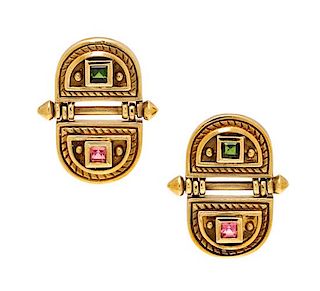 A Pair of 14 Karat Yellow Gold and Multicolored Tourmaline Earclips, 9.70 dwts.
