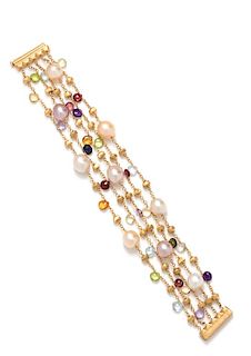 An 18 Karat Yellow Gold, Cultured Pearl and Multigem 'Paradise' Multistrand Bracelet, Marco Bicego, 23.00 dwts.