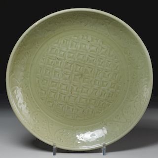 Massive Chinese carved Longquan celadon charger