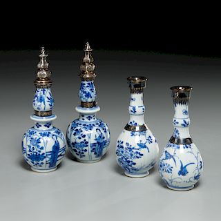 Chinese blue/white bottles, Persian silver mounts