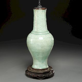 Antique Yaozhou celadon vase mounted as a lamp