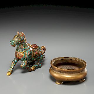 Chinese bronze censer and cloisonne horse