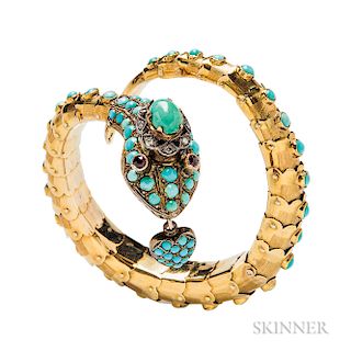 Gold and Turquoise Snake Bracelet, the flexible body set with turquoise cabochons, suspending a heart, with red stone eyes and diamond