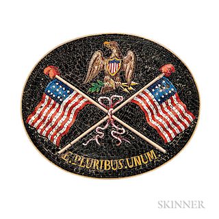 Unusual Thirteen-star American Flag Micromosaic Plaque, early 19th century, depicting thirteen-star flags with Liberty caps and eagle,