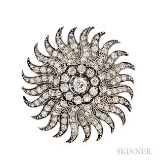 Antique Diamond Sunburst Pendant/Brooch, set with old mine- and rose-cut diamonds, approx. total wt. 4.00 cts., silver-topped gold moun