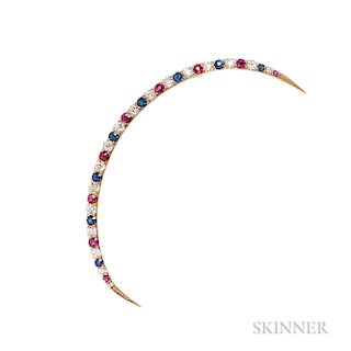 Antique 14kt Gold Gem-set Crescent Brooch, Tiffany & Co., set with rubies, sapphires, and old European-cut diamonds, signed, lg. 3 1/4