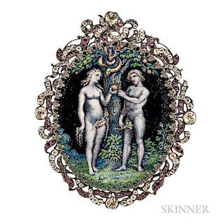 Enamel on Copper Depiction of Adam and Eve, Continental, 19th century, "The Fall" on one side, "The Expulsion" on the other, in a silve