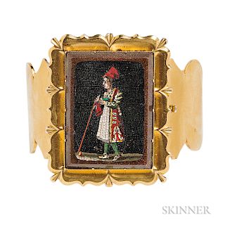 Antique Gold and Micromosaic Bangle, c. 1840s, the hinged bangle set with a mosaic of a figure in regional dress, in goldstone glass, 1