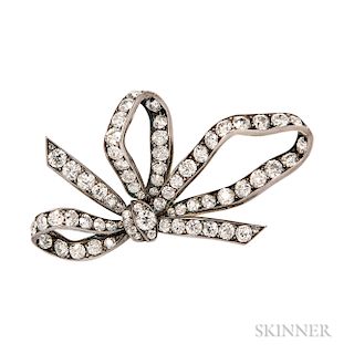 Antique Diamond Bow Brooch, set with old European- and old mine-cut diamonds, silver-topped gold mount, lg. 2 3/8 in., French import st