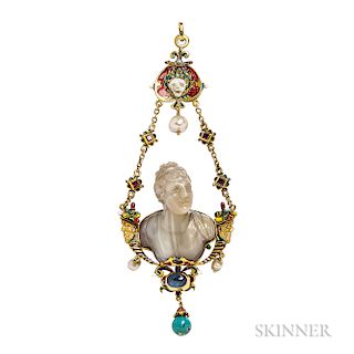 Fine Renaissance Revival Gold Gem-set Pendant, 19th century, centering a full-relief hardstone carving of a classical goddess, with foi