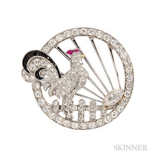 Art Deco Platinum and Diamond Rooster Brooch, designed as a rooster on a fence with marquise-cut diamond sunrise, calibre-cut onyx tail