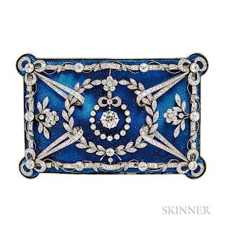 Enamel and Diamond Plaque Brooch, c. 1925, converted from a buckle, centering an old European-cut diamond weighing approx. 1.50 cts., w