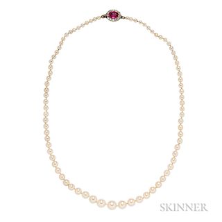 Natural Pearl Necklace, the eighty-one pearls graduating in size from approx. 3.18 to 7.88 mm, the clasp set with an oval-cut ruby meas