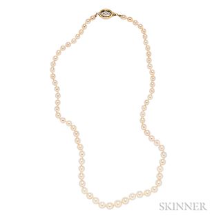Natural Pearl Necklace, composed of seventy-one pearls graduating in size from approx. 4.08 to 6.85 mm, completed by a 14kt gold and di