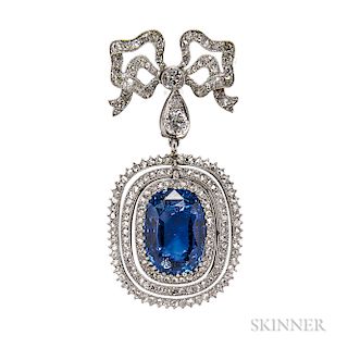 Belle Epoque Platinum, Sapphire, and Diamond Pendant/Brooch, France, the flexibly set cushion-cut sapphire measuring approx. 15.40 x 11