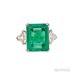 Platinum, Emerald, and Diamond Ring, J.E. Caldwell & Co., c. 1940s, prong-set with an emerald-cut emerald measuring approx. 13.07 x 10.