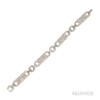 Art Deco Platinum and Diamond Bracelet, set with old European-, marquise-, and square-cut diamonds, approx. total wt. 5.50 cts., milleg