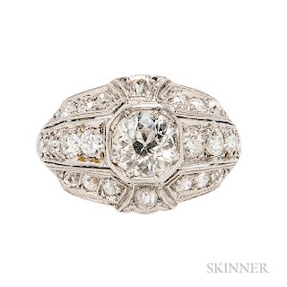Art Deco Platinum and Diamond Ring, set with an old European-cut diamond weighing approx. 0.90 cts., and old mine- and old single-cut d