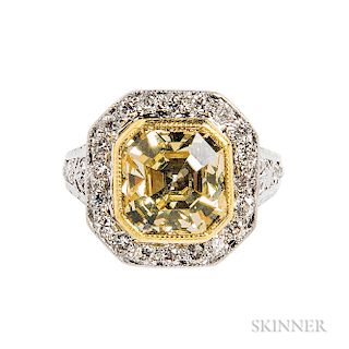 Art Deco Platinum and Colored Diamond Solitaire, set with a square Asscher-cut diamond weighing 3.35 cts., framed by diamond melee, sho