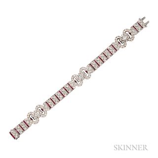 Art Deco Platinum, Ruby, and Diamond Bracelet, with channel-set rubies and old European-, marquise-, and single-cut diamonds, approx. t