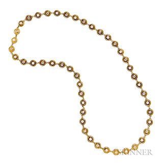 18kt Gold, Diamond, and Cultured Pearl Necklace, bezel-set with twenty-five full-cut diamonds, approx. total wt. 5.00 cts., alternating