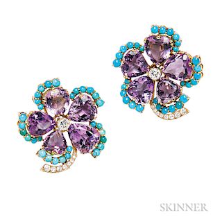 Pair of 18kt Gold, Amethyst, Turquoise, and Diamond Clip Brooches, c. 1950s, each flower centering a full-cut diamond weighing approx.