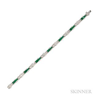 Platinum, Emerald, and Diamond Bracelet, c. 1950s, the scroll links set with full-cut diamonds, approx. total wt. 1.90 cts., and channe