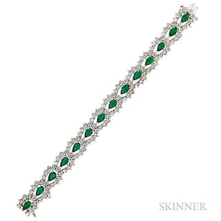 Platinum, Emerald, and Diamond Bracelet, set with fourteen pear-shape emeralds, and full-cut diamonds, approx. total diamond wt. 10.00