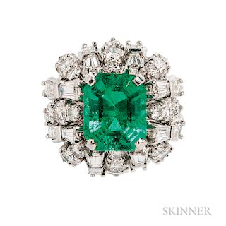 Platinum, Emerald, and Diamond Ring, prong-set with an emerald-cut emerald weighing 5.69 cts., and full- and tapered baguette-cut diamo