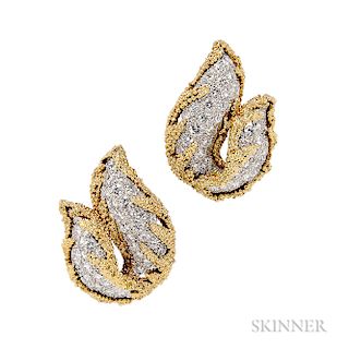 18kt Gold, Platinum, and Diamond Earclips, c. 1960s, pave-set with full-cut diamonds, 20.0 dwt, lg. 1 1/8 in.