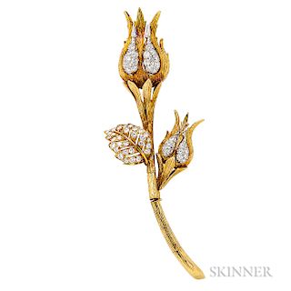 18kt Gold, Platinum, and Diamond Rose Brooch, David Webb, set with full-cut diamonds, articulated stem, 16.6 dwt, lg. 3 3/4 in., signed