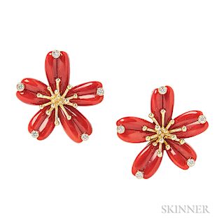 18kt Gold, Coral, and Diamond Flower Earclips, Aletto Bros.