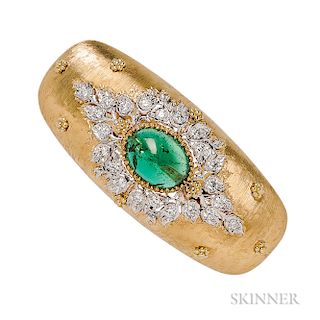 18kt Gold, Emerald, and Diamond Bracelet, Italy, the tapering, hinged cuff centering an oval cabochon emerald measuring approx. 17.00 x