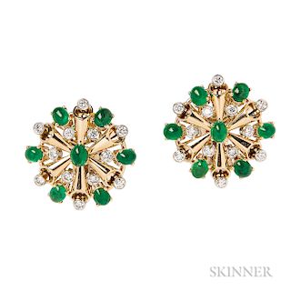 18kt Gold, Emerald, and Diamond Earclips, Aletto Bros., set with cabochon emeralds, total wt. 6.20, and full-cut diamonds, total wt. 1.