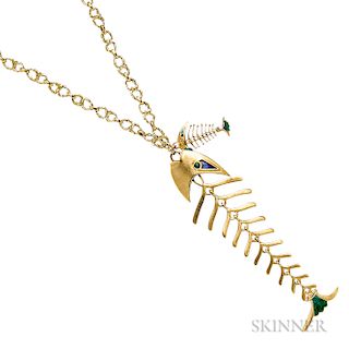 Whimsical 18kt Gold, Enamel, and Chrysoprase Fish Skeleton Pendant, c. 1970, the larger pendant with articulated bones, suspended from
