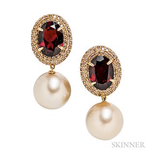 18kt Gold, South Sea Pearl, Garnet, and Diamond Earrings, the oval-cut garnets framed by pave-set diamonds, approx. total wt. 3.00 cts.