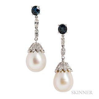 18kt White Gold, South Sea Pearl, Sapphire, and Diamond Earrings, with prong-set sapphires and marquise-cut diamonds, the pearl drops m
