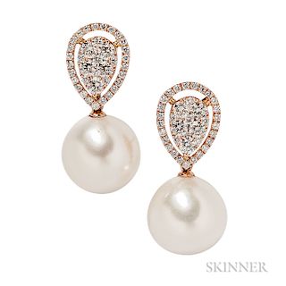 18kt Rose Gold, South Sea Pearl, and Diamond Earrings, each pearl measuring approx. 13.50 mm, with full-cut diamonds, total wt. 1.40 ct