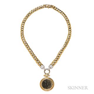18kt Gold, Ancient Coin, and Diamond Pendant, Tiffany & Co., Italy, bezel-set with a Roman Judean coin c. 134-135, suspended from curb-