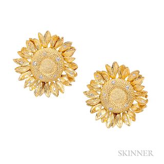 18kt Gold and Diamond Sunflower Earclips, Asprey, set with full-cut diamonds, approx. total wt. 0.54 cts., 25.0 dwt, lg. 1 3/8 in., sig