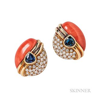 18kt Gold, Coral, Sapphire, and Diamond Earclips, with bezel-set pear-shape sapphires, and pave-set with full-cut diamonds, 15.2 dwt, l
