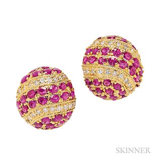 18kt Gold, Ruby, and Diamond Earrings, each set with full-cut diamonds and oval rubies, 19.8 dwt, lg. 1 in.